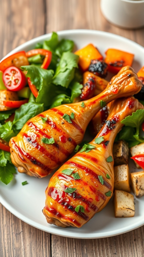 Grilled chicken drumsticks glazed with marinade, served with salad and grilled vegetables on a rustic table.